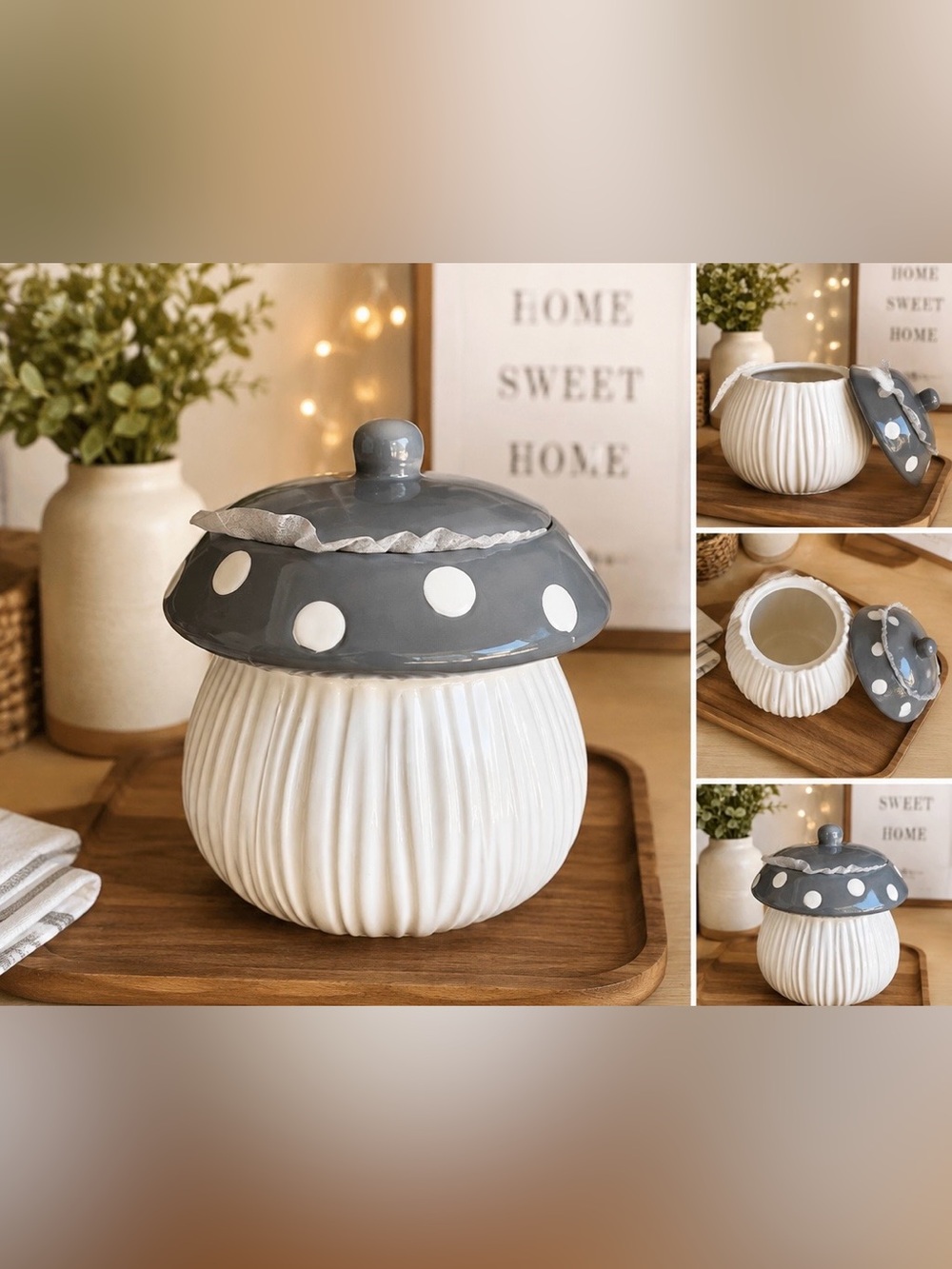 Target Ceramic Mushroom Storage Jar - Gray & White Polka Dot Lid